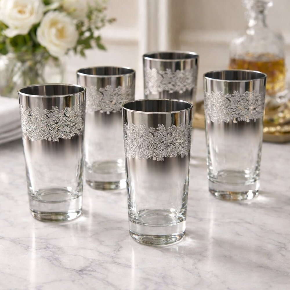 Vintage DOROTHY THORPE Silver Fade Glasses with Raised Leaf Pattern | Set of 5